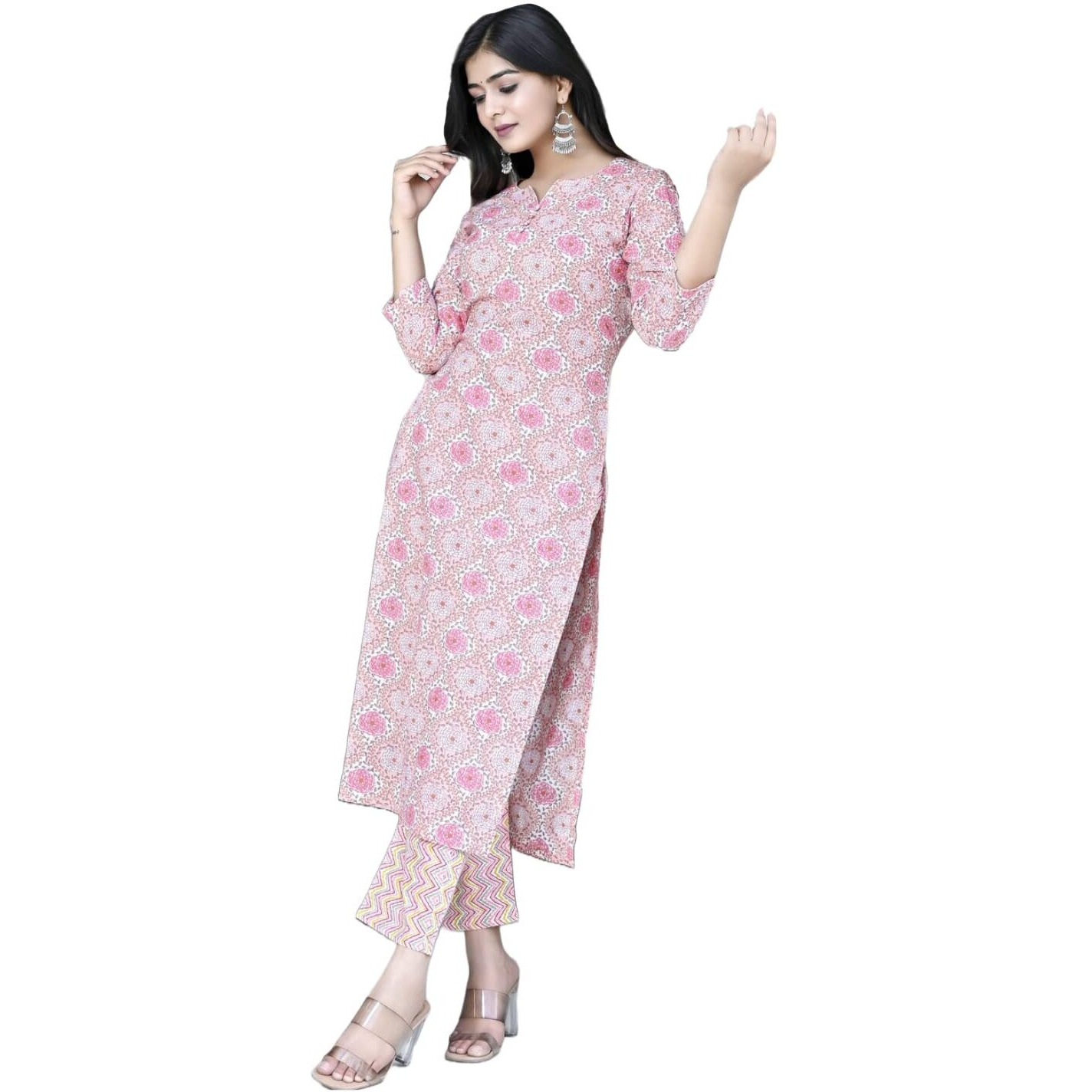 Gosriki Women's Cotton Blend Printed Straight Kurta With Pant (Achu Pink-Cmd-Gs_M_Pink_Medium)