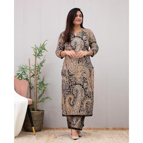 Gosriki Women's Rayon Viscose Straight Printed Kurta With Palazzo (Elevate Black-Vks02-Gs_Xxl_Black_Xx-Large)