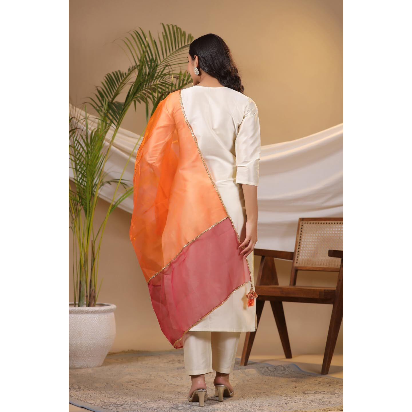Gosriki Women's Cotton Blend Straight Embroidered Kurta With Pant & Dupatta (Avnnu Cream-Gs_S_Cream_Small)