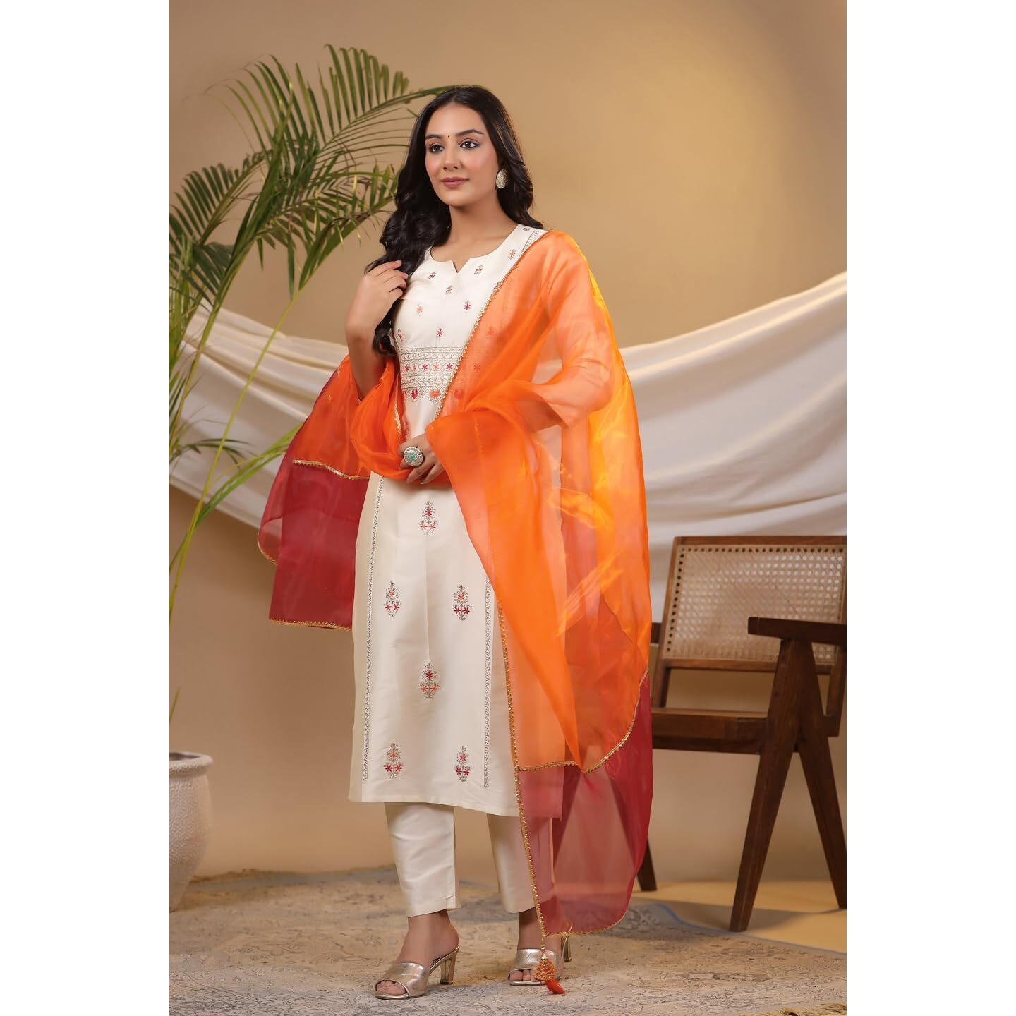 Gosriki Women's Cotton Blend Straight Embroidered Kurta With Pant & Dupatta (Avnnu Cream-Gs_S_Cream_Small)
