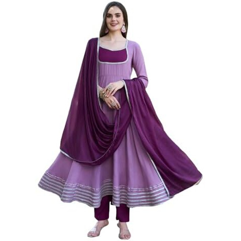 Gosriki Women's Rayon Blend Solid Anarkali Kurta With Pant & Dupatta (Kuspari Lavender-Vks01-Gs_L_Lavender_Large)