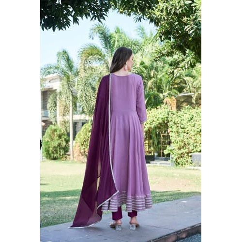 Gosriki Women's Rayon Blend Solid Anarkali Kurta With Pant & Dupatta (Kuspari Lavender-Vks01-Gs_L_Lavender_Large)