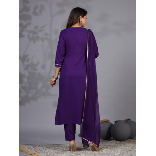 Gosriki Women's Rayon Blend Embroidered Straight Kurta With Pant & Dupatta (Jenny Begani-Gs_Xl_Violet_X-Large)