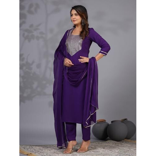 Gosriki Women's Rayon Blend Embroidered Straight Kurta With Pant & Dupatta (Jenny Begani-Gs_Xl_Violet_X-Large)