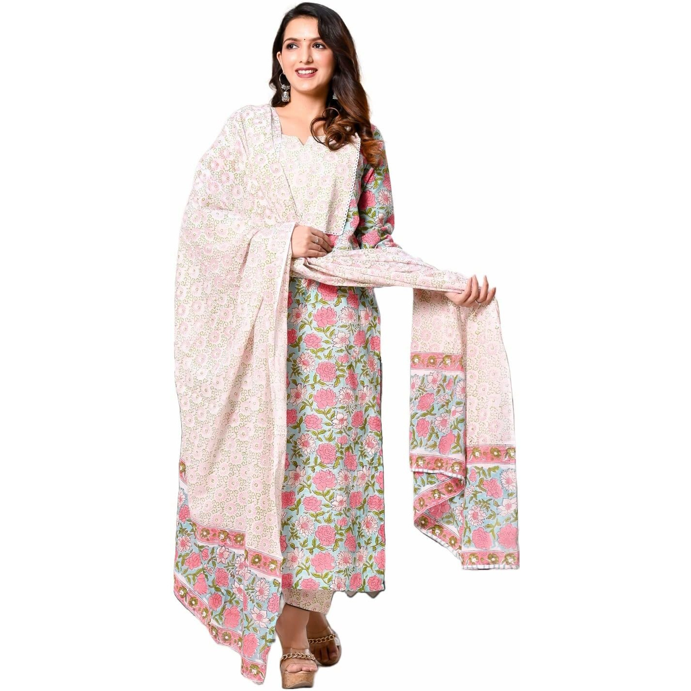 Gosriki Women's Cotton Blend Straight Printed Kurta With Pant & Dupatta (Spring Green-Snw-Gs_Xxl_Green_Xx-Large)