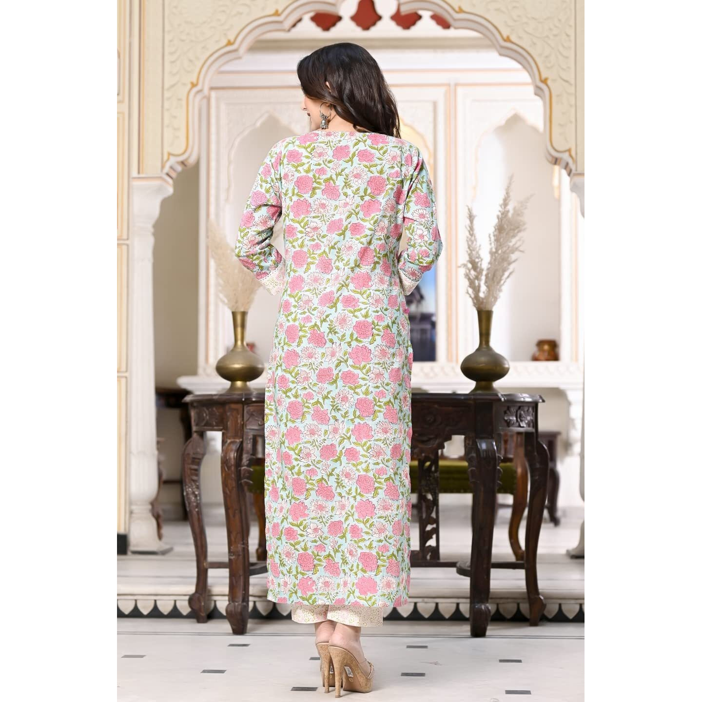 Gosriki Women's Cotton Blend Straight Printed Kurta With Pant & Dupatta (Spring Green-Snw-Gs_Xxl_Green_Xx-Large)