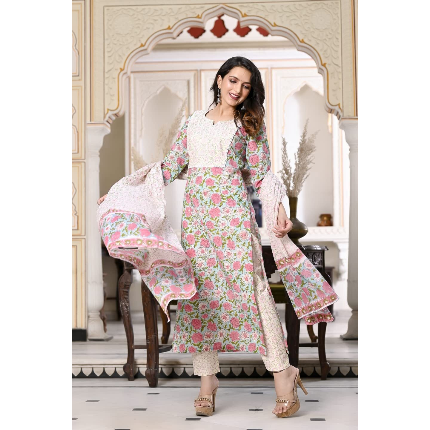 Gosriki Women's Cotton Blend Straight Printed Kurta With Pant & Dupatta (Spring Green-Snw-Gs_Xxl_Green_Xx-Large)