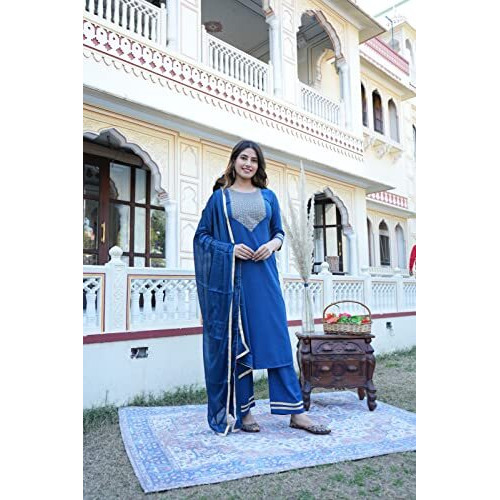 Gosriki Women's Ruby Cotton Straight Solid Kurta With Palazzo & Dupatta (Label Cerosin-Jan40-Gs_4Xl_Blue_Xxxx-Large)