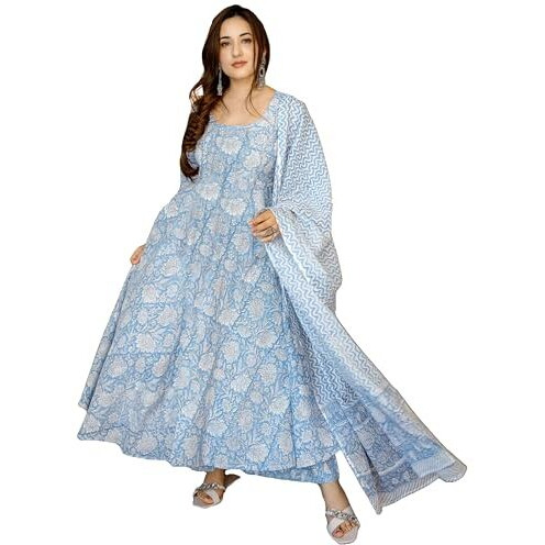 Gosriki Women's Rayon Viscose Printed Anarkali Kurta With Pant & Dupatta (Jamgarh Blue-Gs_Xl_Blue_X-Large)