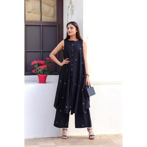 Gosriki Women's Rayon Viscose Printed A-Line Kurta With Pant (Rawana Black-Vks01-Gs_S_Black_Small)