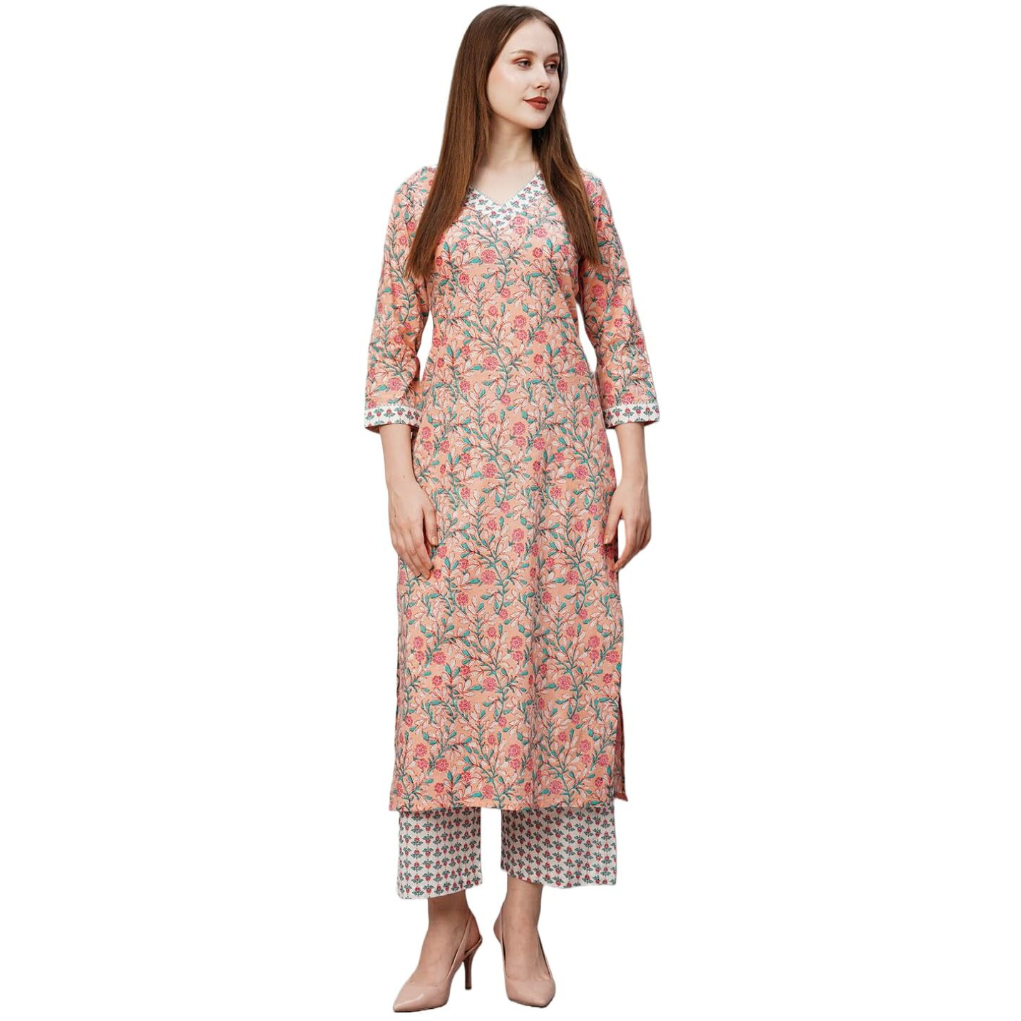 Gosriki Women's Cotton Blend Printed Straight Kurta With Pant (Cam Peach-Gs_S_Peach_Small)
