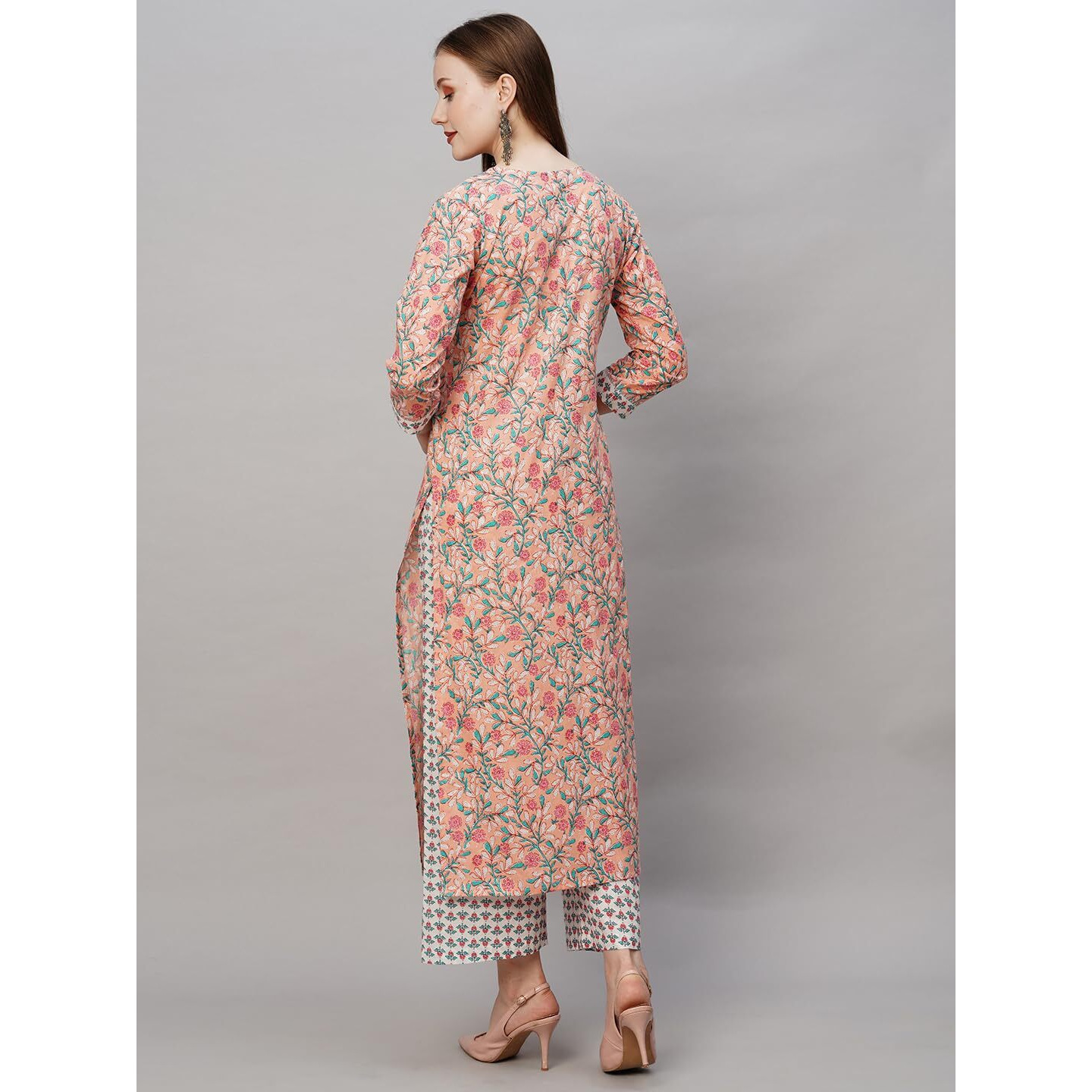 Gosriki Women's Cotton Blend Printed Straight Kurta With Pant (Cam Peach-Gs_S_Peach_Small)