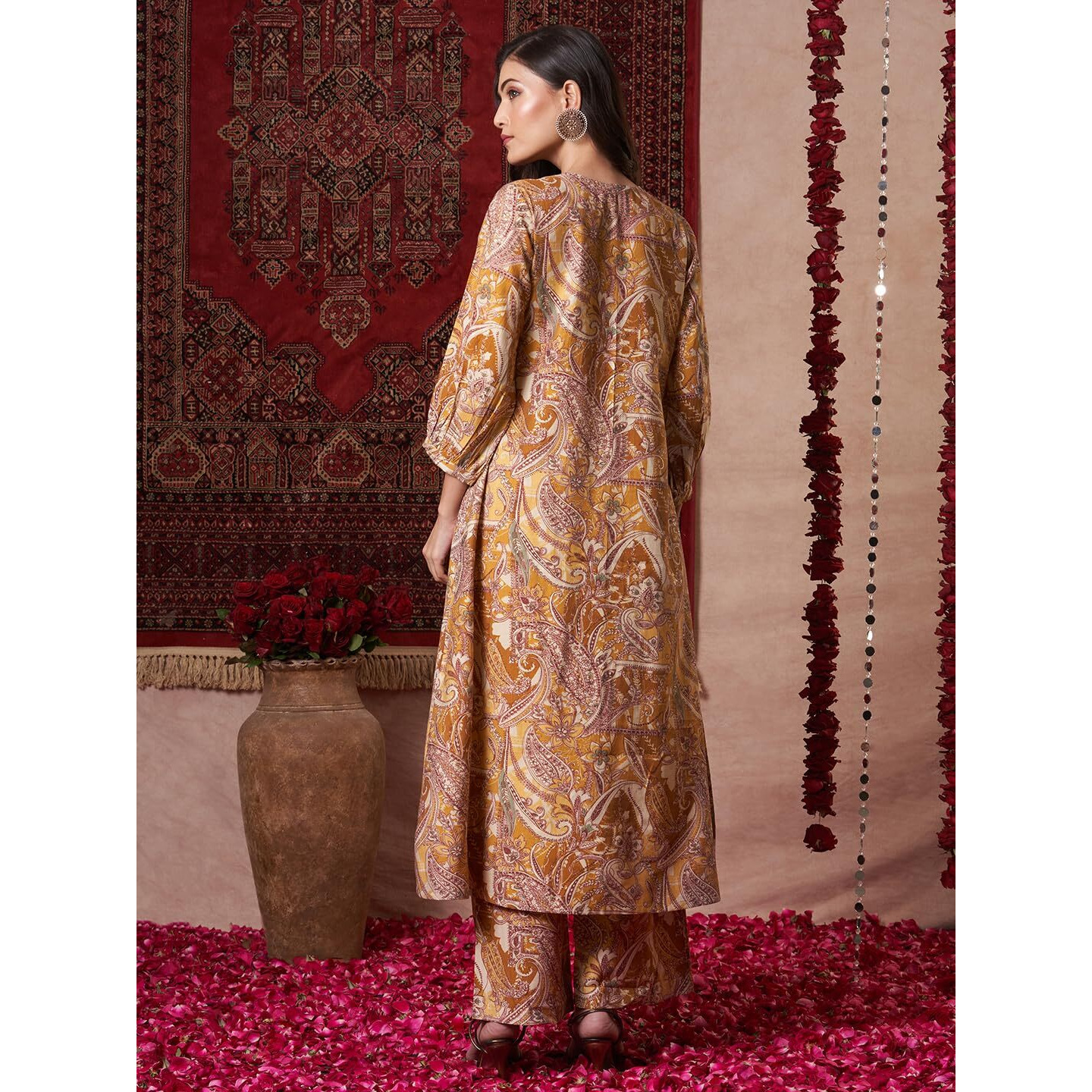 Gosriki Women's Rayon Blend Anarkali Printed Kurta With Palazzo (Marco Yellow-Gs_Xxl_Yellow_Xx-Large)