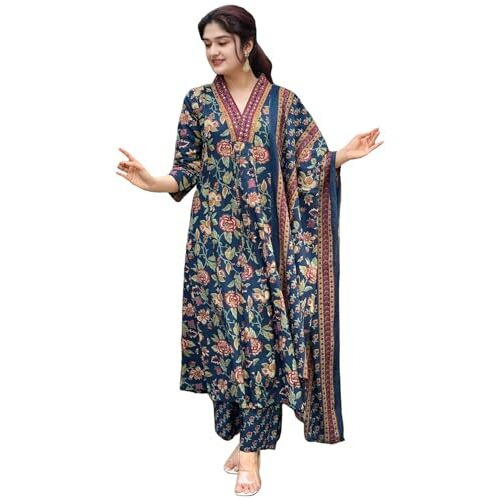 Gosriki Women's Rayon Viscose Anarkali Printed Kurta With Palazzo & Dupatta (Cia Blue-Vks05-Gs_M_Blue_Medium)
