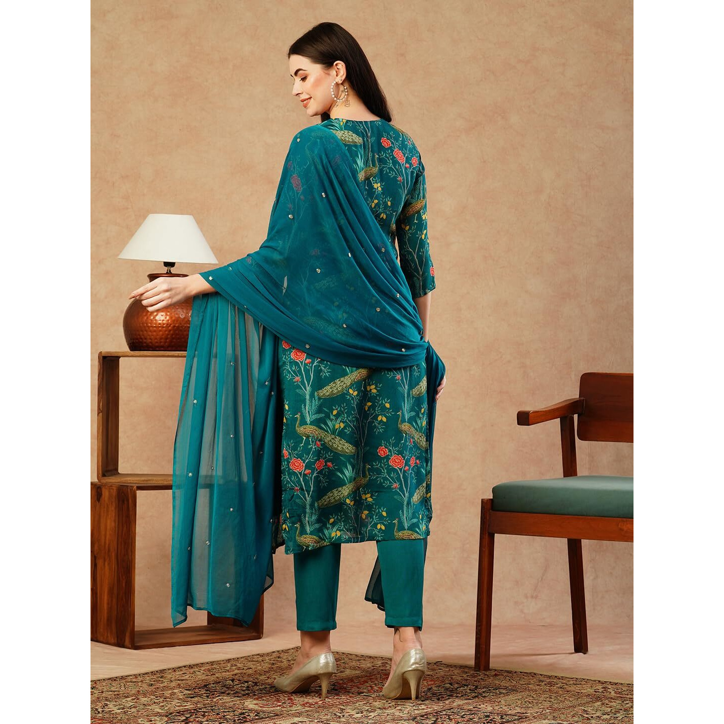 Gosriki Women's Cotton Blend Straight Printed Kurta With Pant & Dupatta (Geto Rama-Nw-Gs_4Xl_Green_Xxxx-Large)
