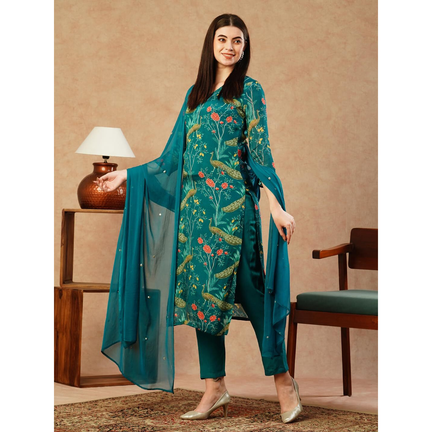 Gosriki Women's Cotton Blend Straight Printed Kurta With Pant & Dupatta (Geto Rama-Nw-Gs_4Xl_Green_Xxxx-Large)