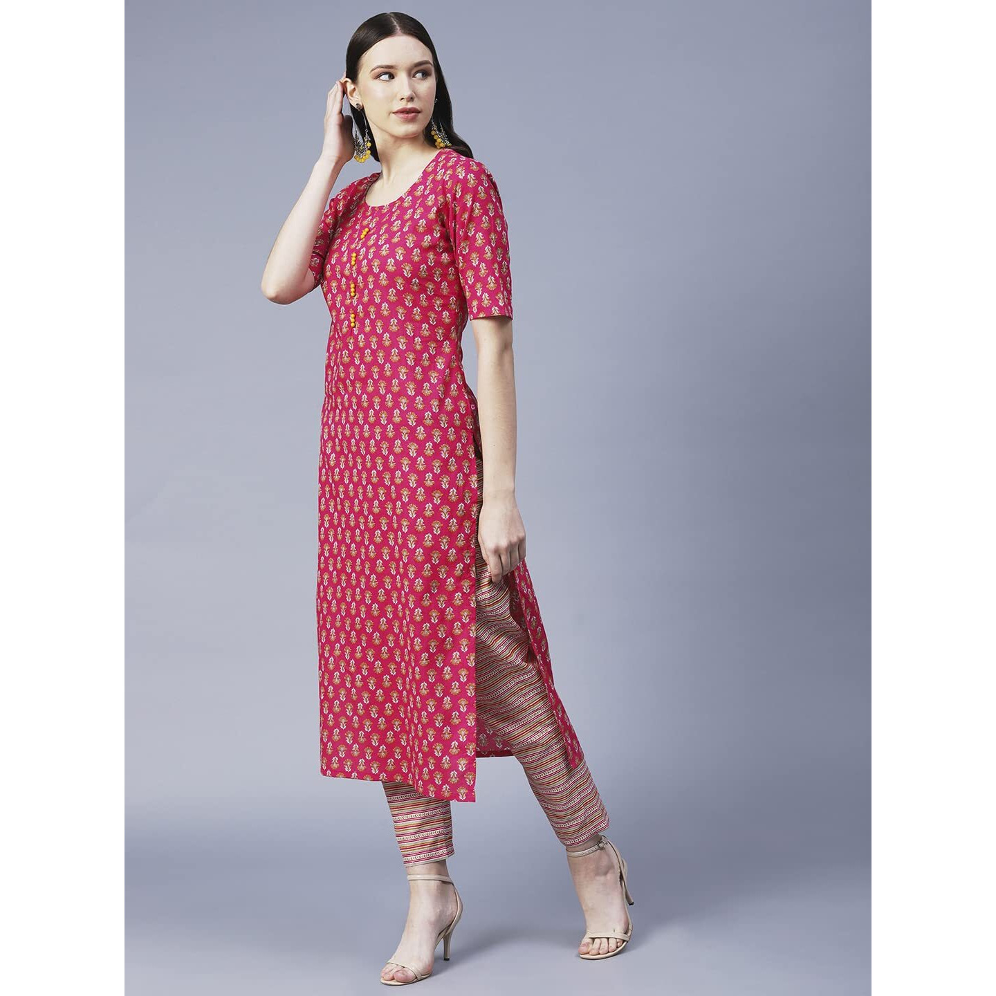 Gosriki Women's Cotton Blend Printed Straight Kurta With Pant (Prnea-Red-Gs_L_Red_Large)