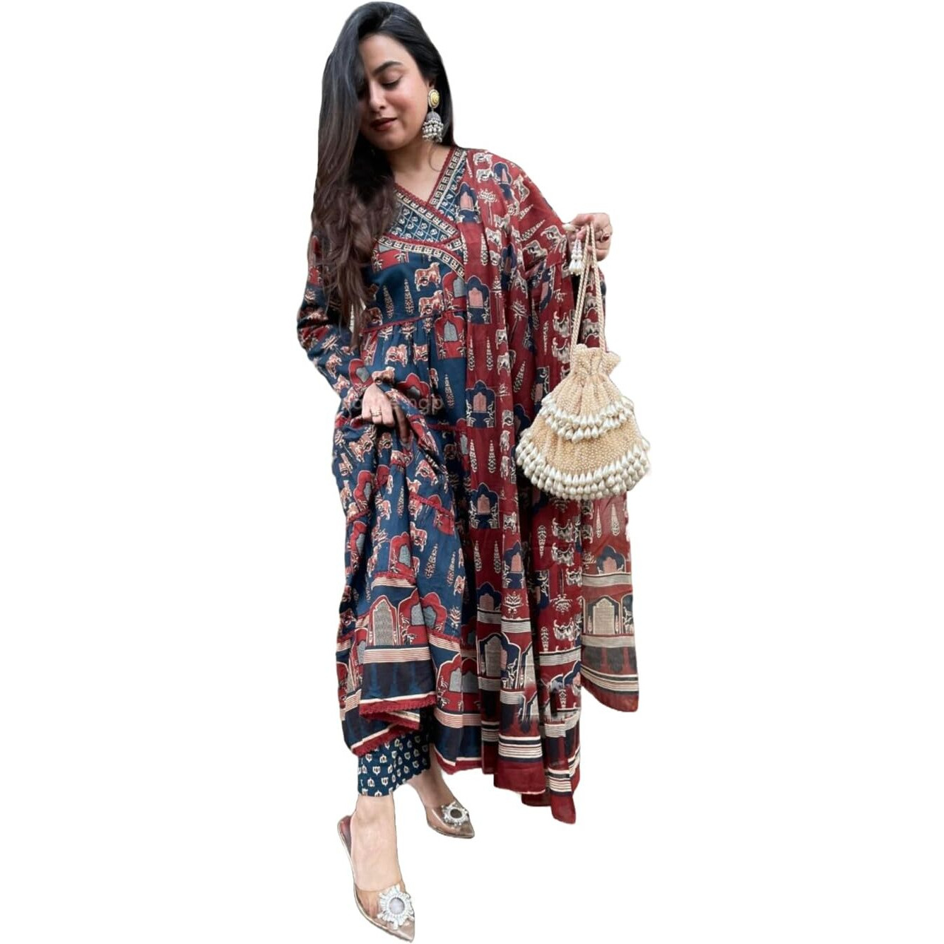 Gosriki Women's Rayon Blend Printed Anarkali Kurta With Pant & Dupatta (Svr Red-Gs_Xl_Red_X-Large)