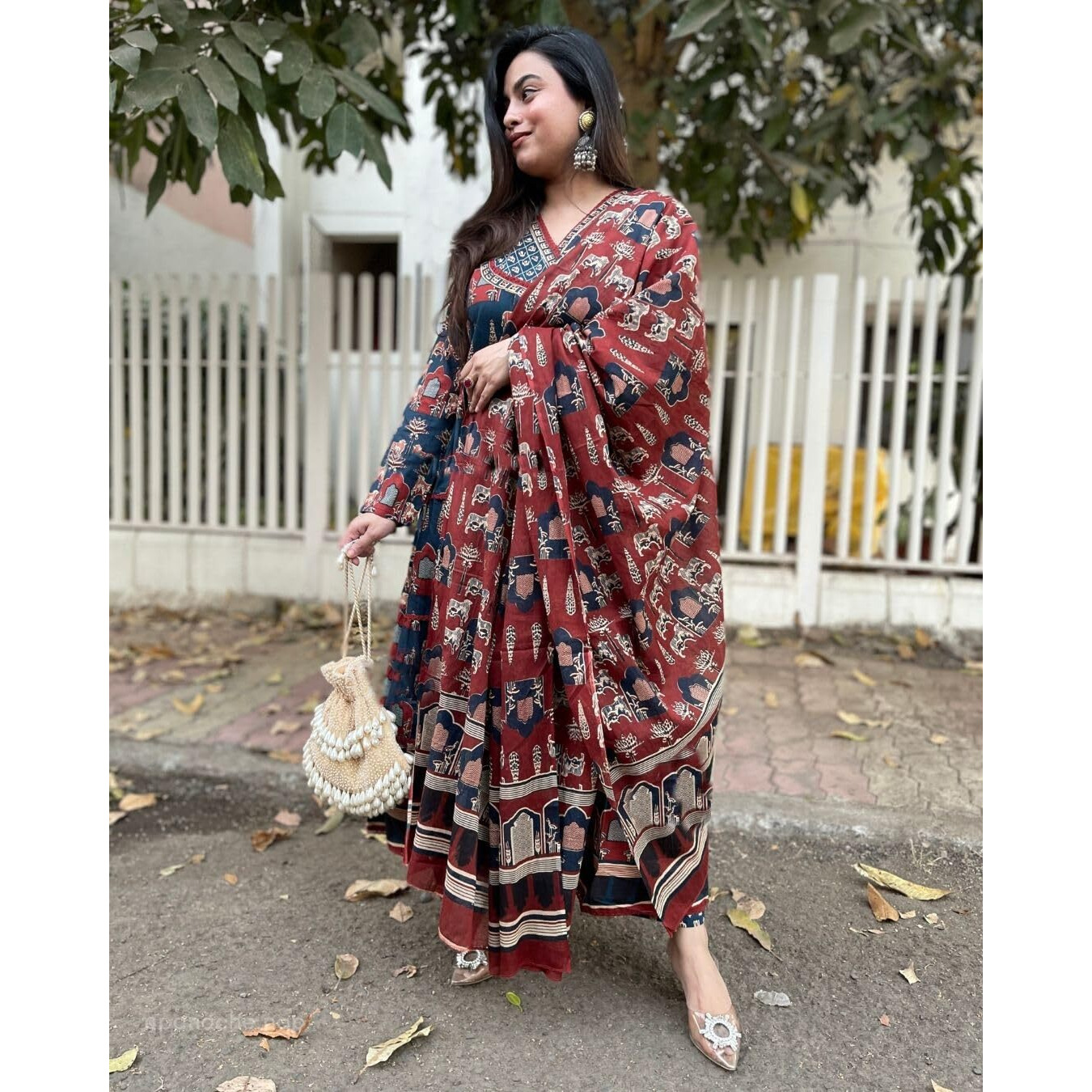 Gosriki Women's Rayon Blend Printed Anarkali Kurta With Pant & Dupatta (Svr Red-Gs_Xl_Red_X-Large)