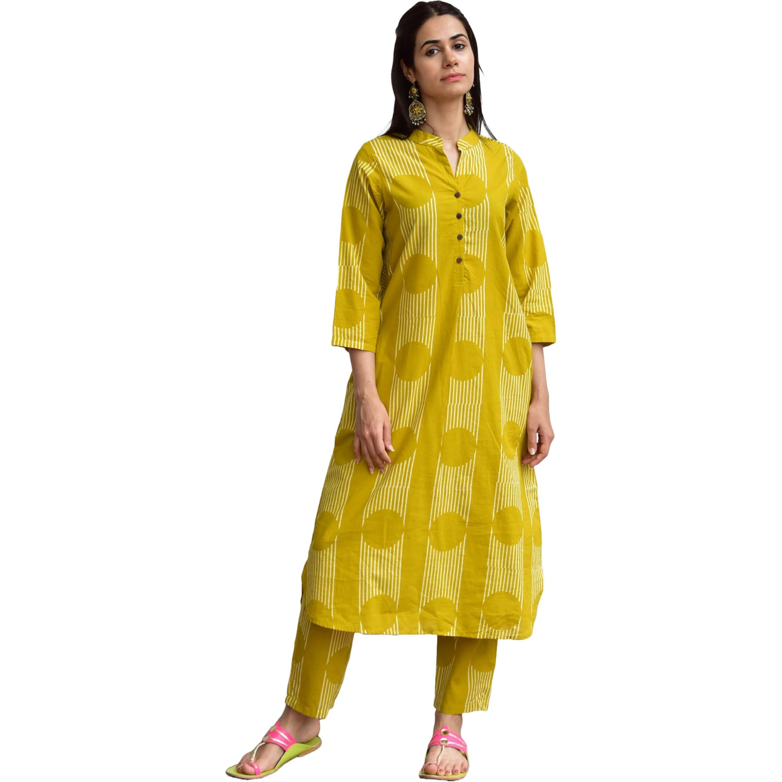 Gosriki Women's Rayon Viscose Anarkali Printed Kurta With Pant (Bazooka Yellow-Gs_S_Yellow_Small)