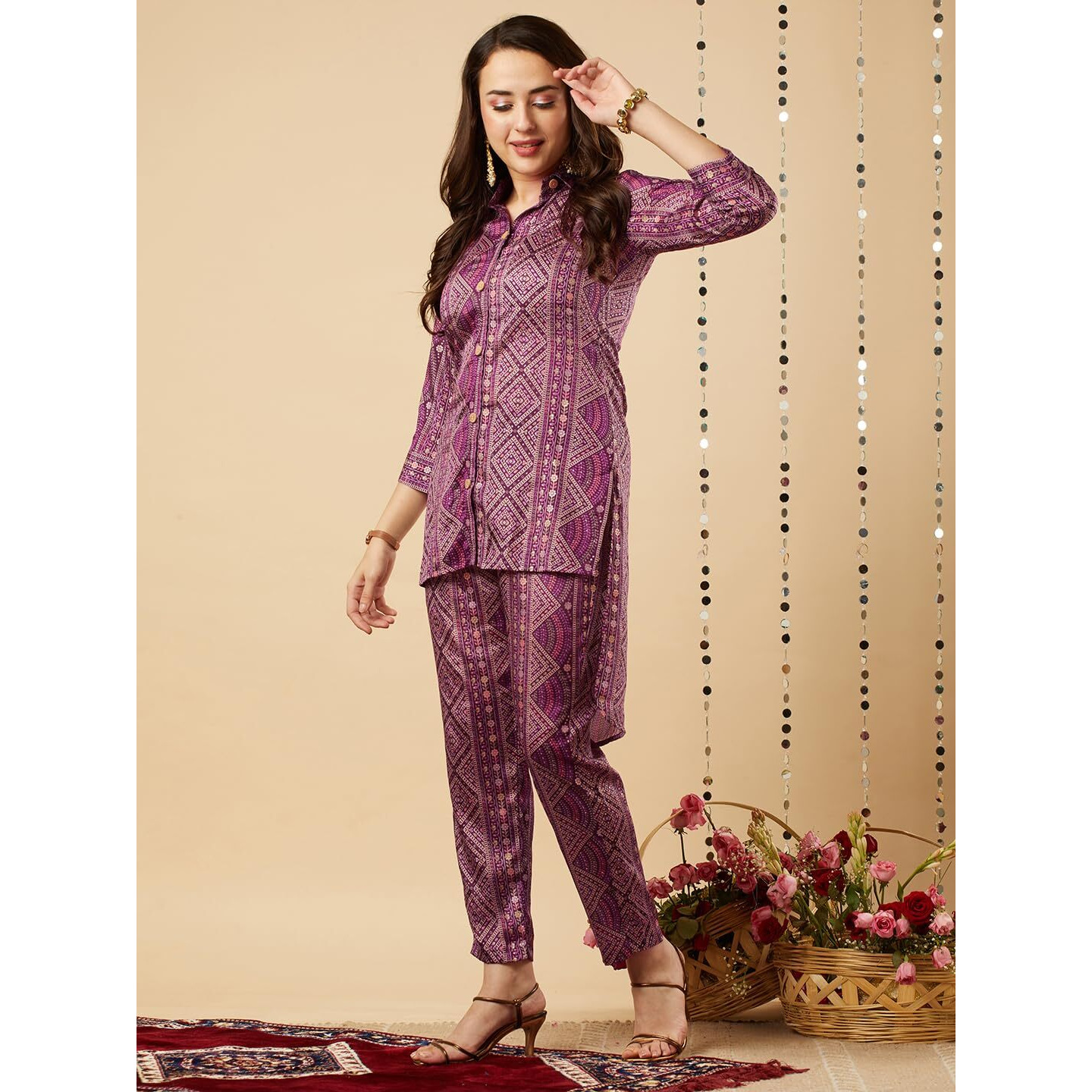 Gosriki Women's Cotton Blend Straight Floral Printed Co-Ord Set (Poppy Wine-Gs_L_Wine_Large)