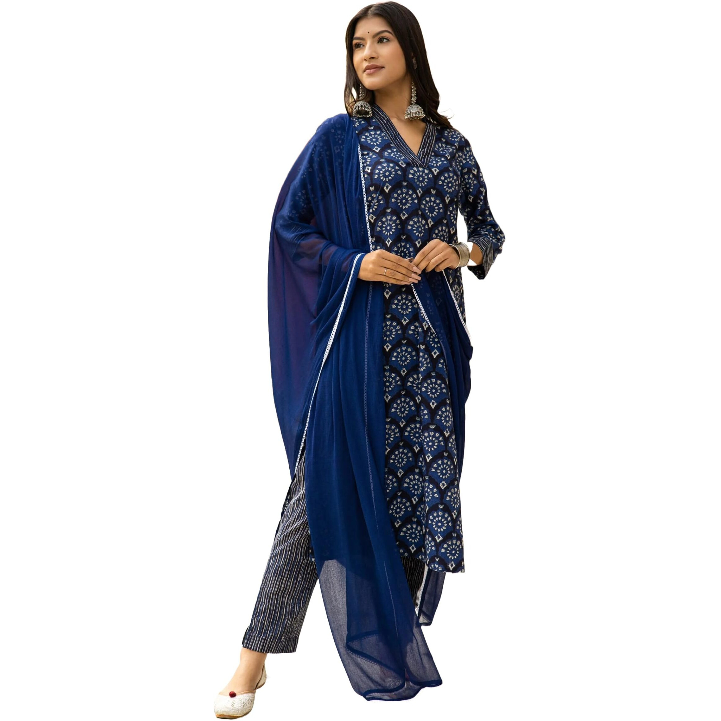 Gosriki Women's Cotton Blend Straight Printed Kurta With Pant & Dupatta (Obito Navy Blue-Gs_M_Navy Blue_Medium)