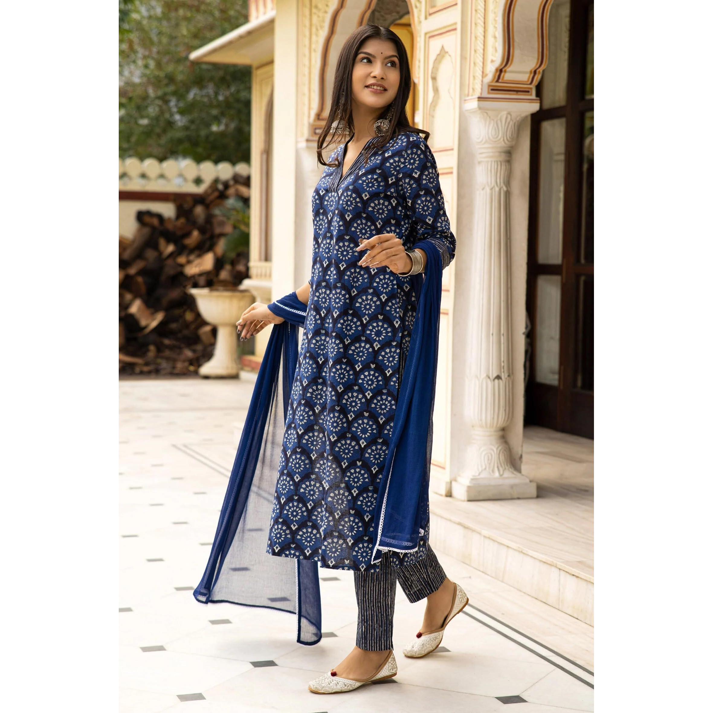 Gosriki Women's Cotton Blend Straight Printed Kurta With Pant & Dupatta (Obito Navy Blue-Gs_M_Navy Blue_Medium)