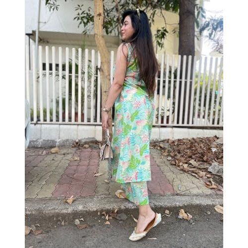 Gosriki Women's Rayon Viscose A-Line Printed Kurta With Pant (Uzma Green-Gs_Xxl_Green_Xx-Large)