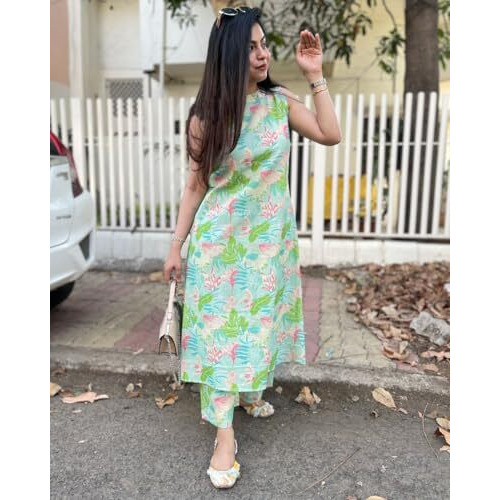 Gosriki Women's Rayon Viscose A-Line Printed Kurta With Pant (Uzma Green-Gs_Xxl_Green_Xx-Large)