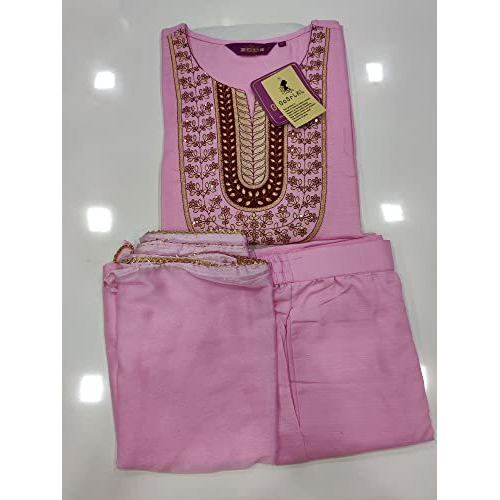 Gosriki Women's Cotton Blend Straight Solid Kurta With Pant & Dupatta (Ramaneey New Pink_Xxl-Go_Pink_Xx-Large)