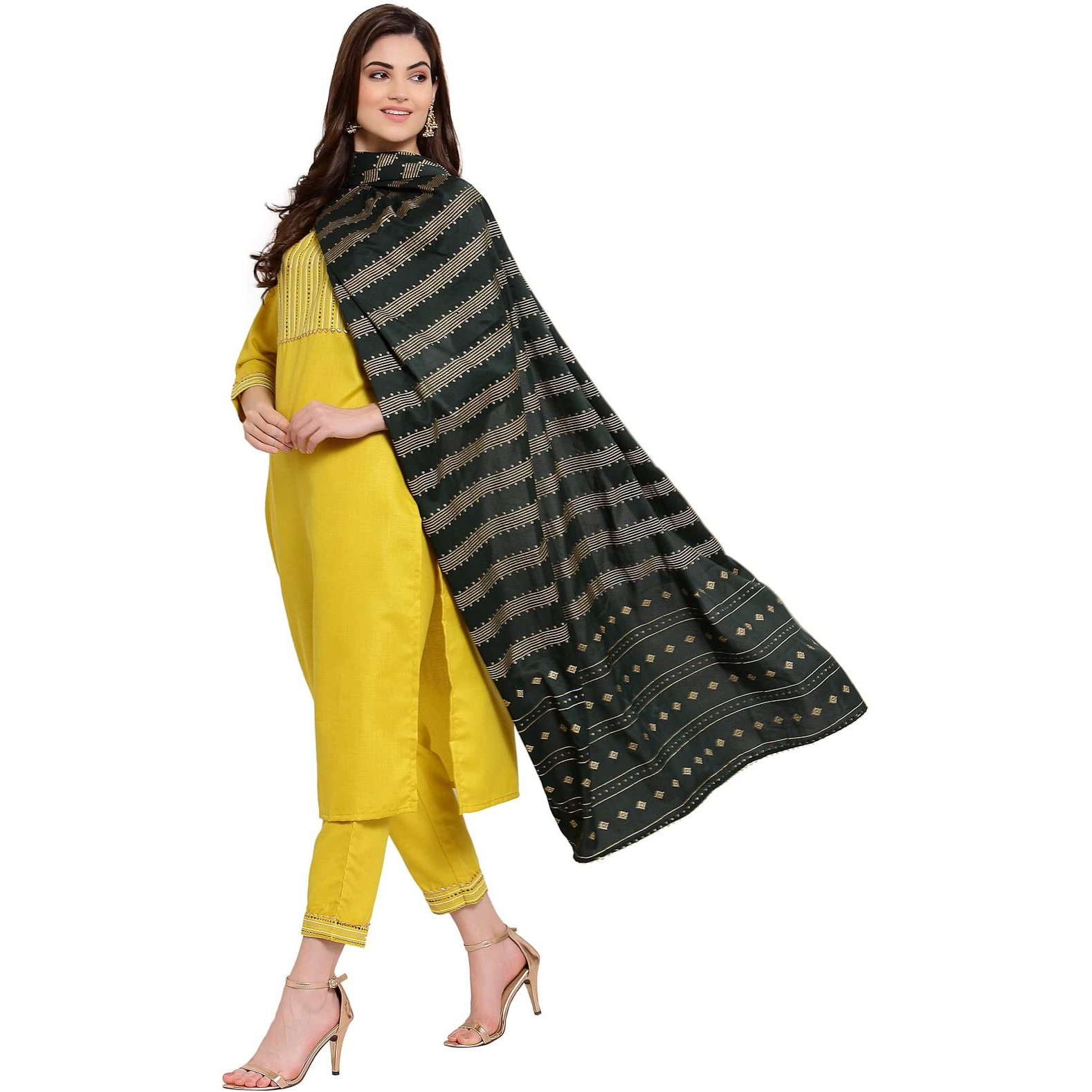 Gosriki Women's Cotton Straight Kurta With Pant & Dupatta (Kptd-Cot-10020-Yellow_M-Go_Yellow_Medium)