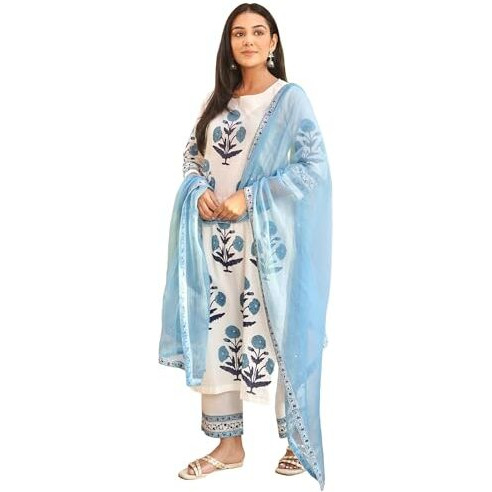 Gosriki Women's Rayon Viscose Straight Printed Kurta With Pant & Dupatta (Dayita White-Gs_M_White_Medium)