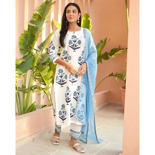 Gosriki Women's Rayon Viscose Straight Printed Kurta With Pant & Dupatta (Dayita White-Gs_M_White_Medium)