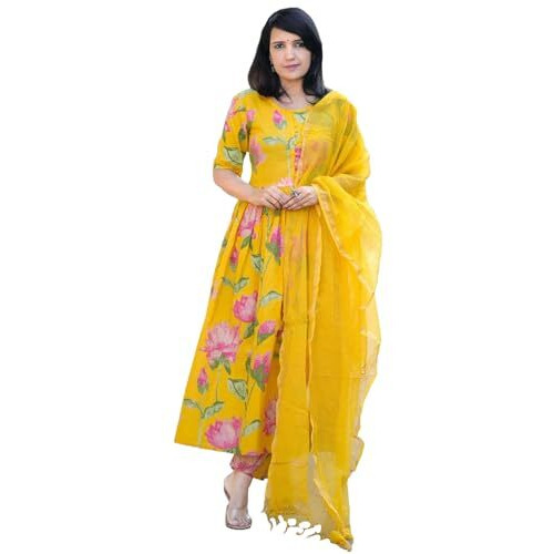 Gosriki Women's Rayon Viscose Printed Anarkali Kurta With Pant & Dupatta (Rubina Yellow-Gs_M_Yellow_Medium)