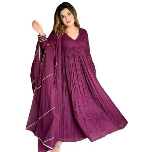 Gosriki Women's Rayon Viscose Yoke Anarkali Kurta With Pant & Dupatta (Suruchi Wine-Gs_L_Wine_Large)