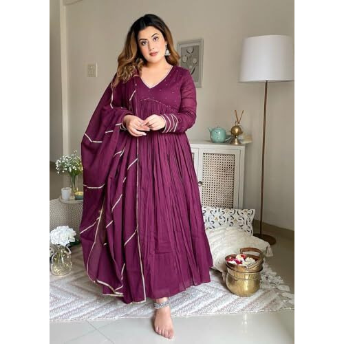 Gosriki Women's Rayon Viscose Yoke Anarkali Kurta With Pant & Dupatta (Suruchi Wine-Gs_L_Wine_Large)