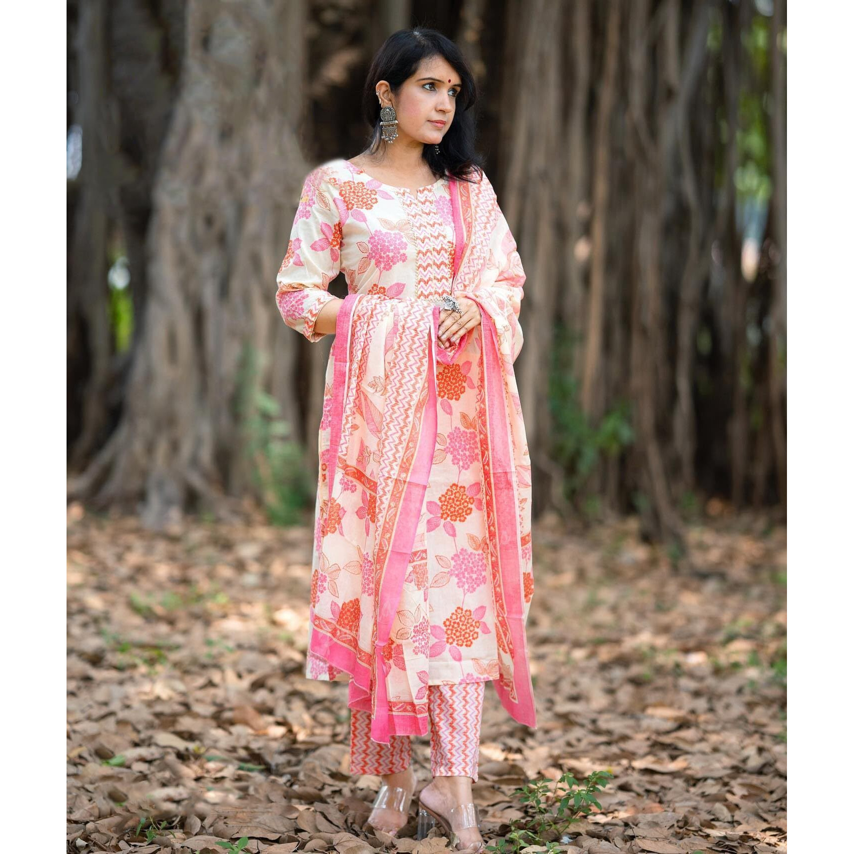 Gosriki Women's Cotton Blend Straight Printed Kurta With Pant & Dupatta (Daraji Cream-Gs_S_Cream_Small)