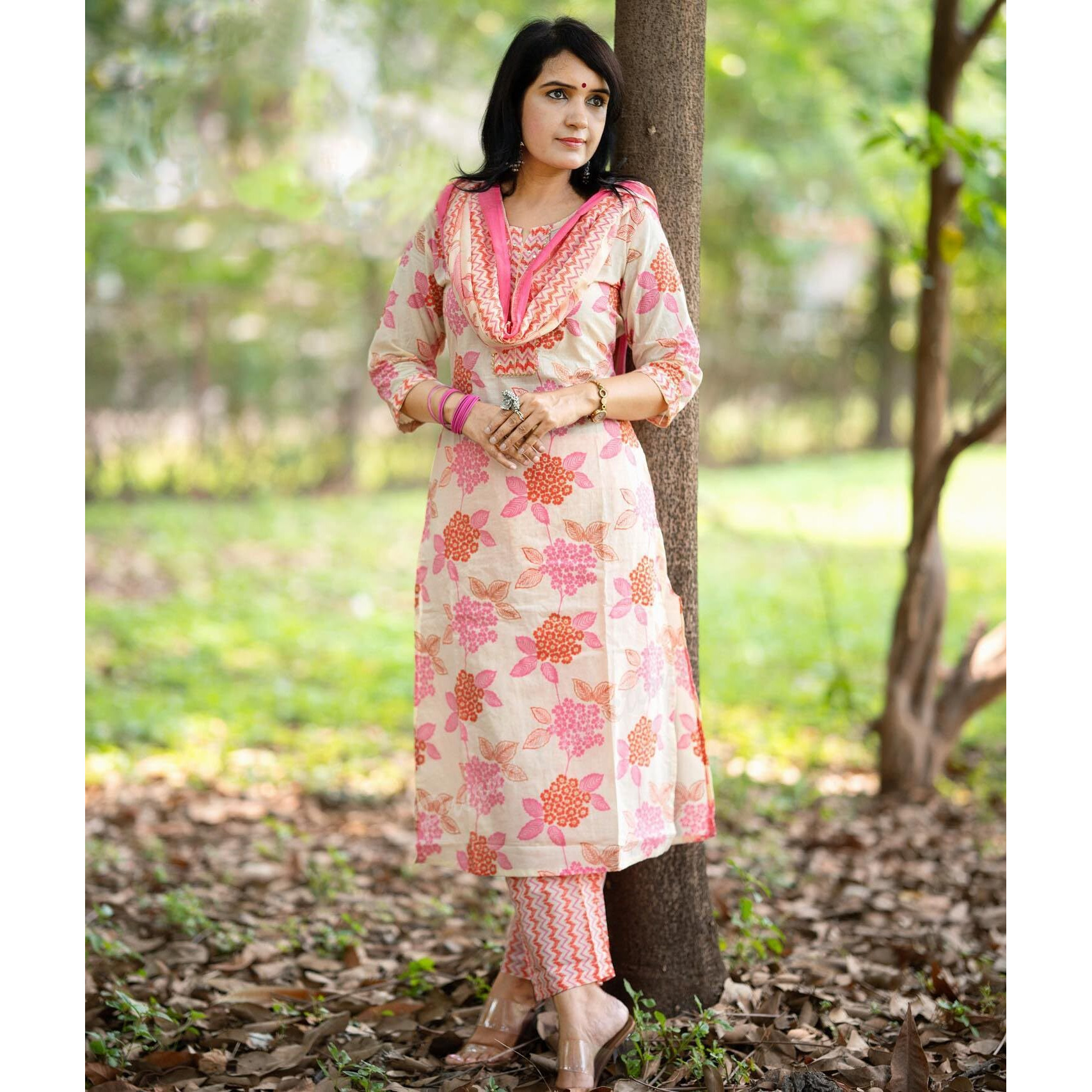 Gosriki Women's Cotton Blend Straight Printed Kurta With Pant & Dupatta (Daraji Cream-Gs_S_Cream_Small)