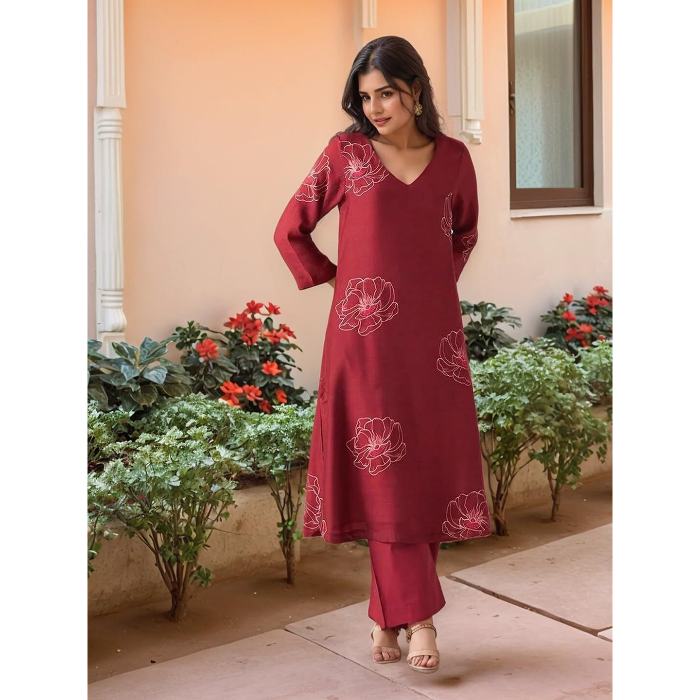 Gosriki Women's Rayon Viscose Straight Printed Kurta With Pant (Twisha Red-Vks01-Gs_L_Red_Large)
