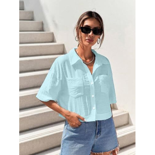 Toplot Shirt For Women || V-Collar Solid Crop For Woman || Half Sleeves For Women || Oversized Shirt For Woman (V-Crop-Shirt-5183-5183-Sky-Yellow-Xl)