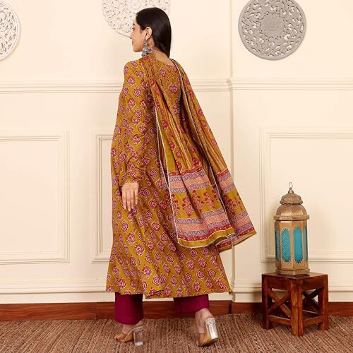 Gosriki Women's Rayon Viscose Anarkali Printed Kurta With Pant & Dupatta (Gandhara Mustard-Gs_L_Mustard_Large)