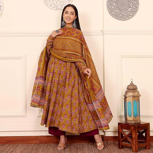 Gosriki Women's Rayon Viscose Anarkali Printed Kurta With Pant & Dupatta (Gandhara Mustard-Gs_L_Mustard_Large)