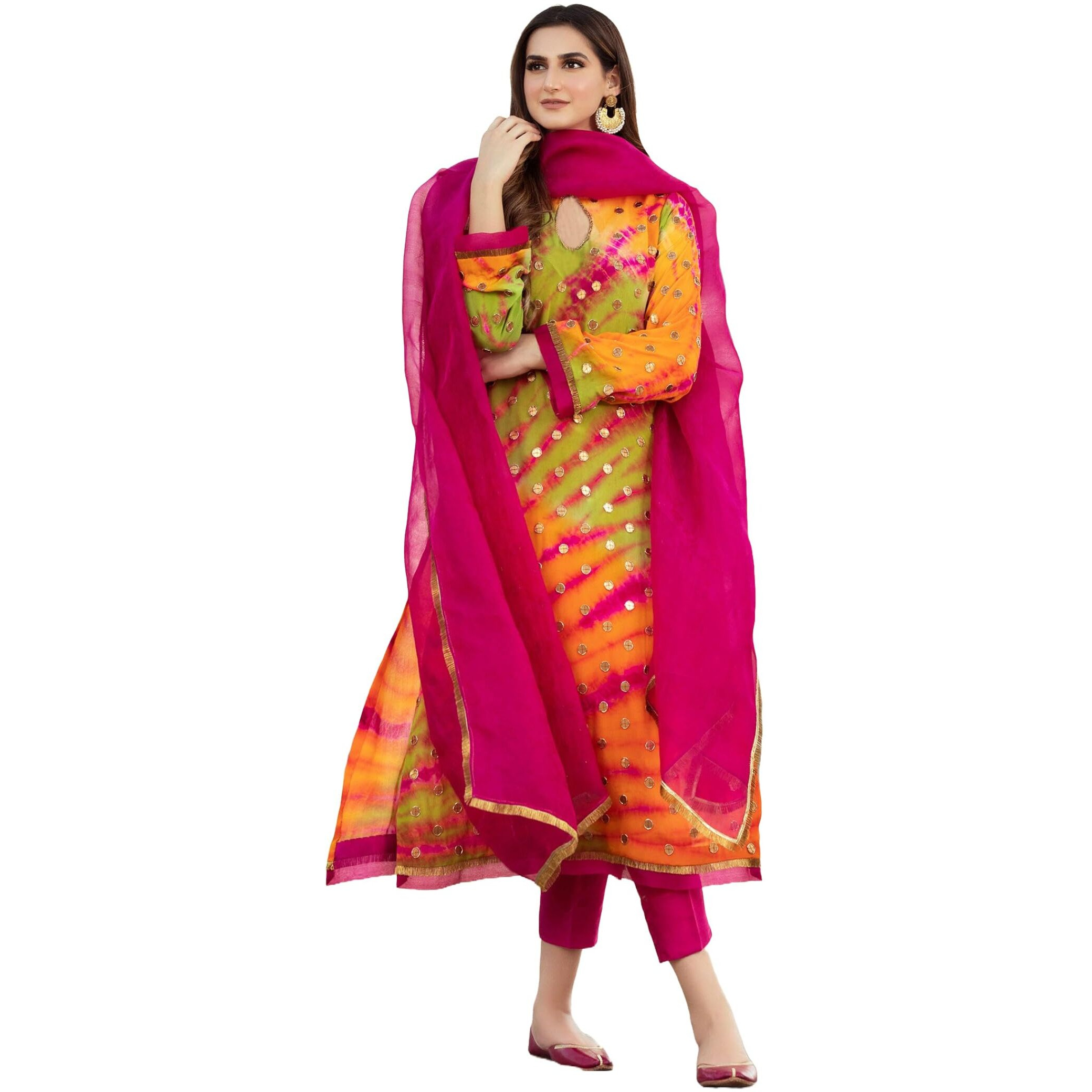 Gosriki Women's Rayon Viscose Straight Printed Kurta With Pant & Dupatta (Rubicon Multi-Gs_L_Multicolor_Large)