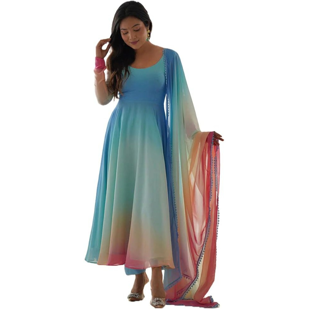 Gosriki Women's Georgette Anarkali Solid Kurta With Pant & Dupatta (Sade Sky-Gs_Xl_Sky Blue_X-Large)