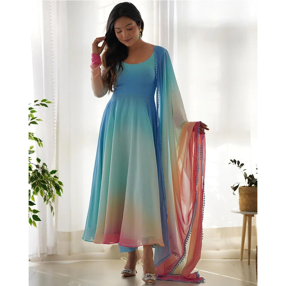 Gosriki Women's Georgette Anarkali Solid Kurta With Pant & Dupatta (Sade Sky-Gs_Xl_Sky Blue_X-Large)
