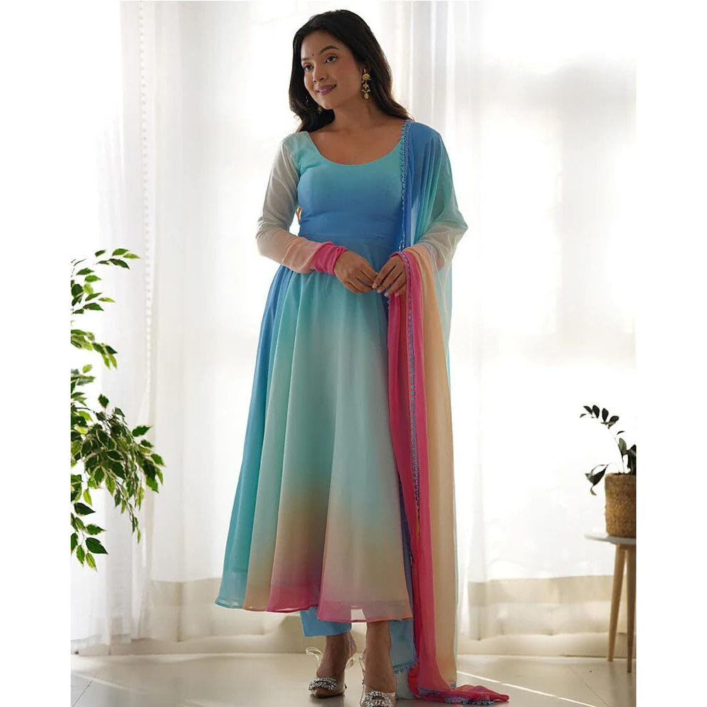 Gosriki Women's Georgette Anarkali Solid Kurta With Pant & Dupatta (Sade Sky-Gs_Xl_Sky Blue_X-Large)