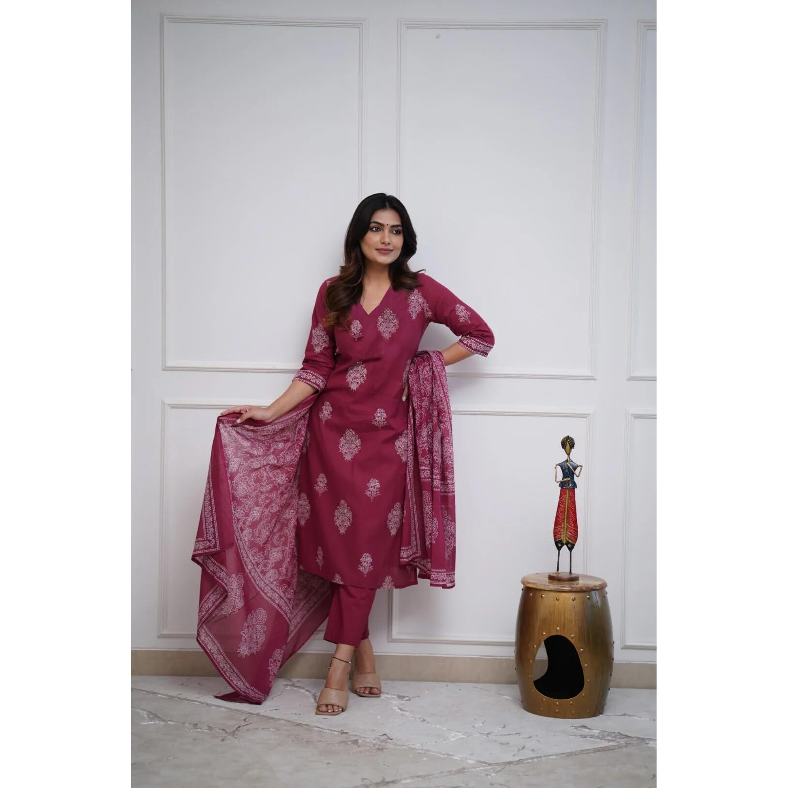 Gosriki Women's Rayon Viscose Straight Printed Kurta With Pant & Dupatta (Kanisha Wine-Gs_L_Wine_Large)