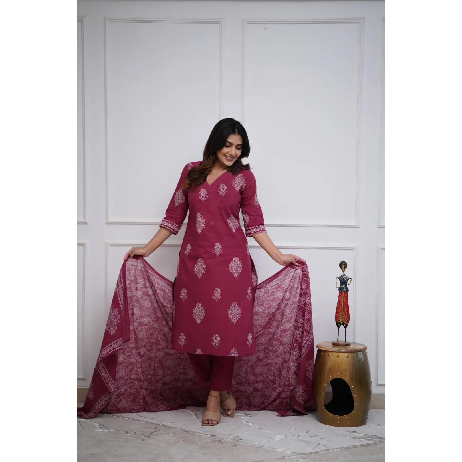 Gosriki Women's Rayon Viscose Straight Printed Kurta With Pant & Dupatta (Kanisha Wine-Gs_L_Wine_Large)