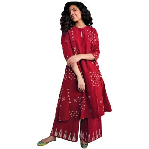 Gosriki Women's Rayon Viscose A-Line Printed Kurta With Palazzo (Chaurya Red-Gs_Xl_Red_X-Large)