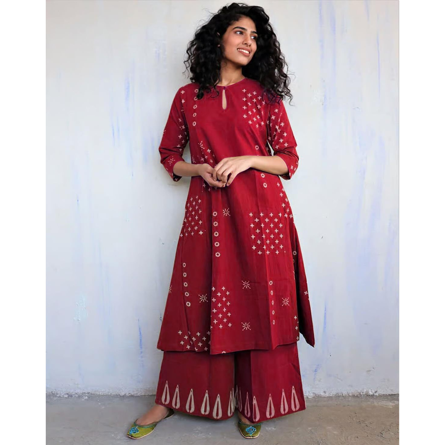 Gosriki Women's Rayon Viscose A-Line Printed Kurta With Palazzo (Chaurya Red-Gs_S_Red_Small)